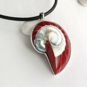 Sterling Silver Nautilus Shell pendant necklace Red